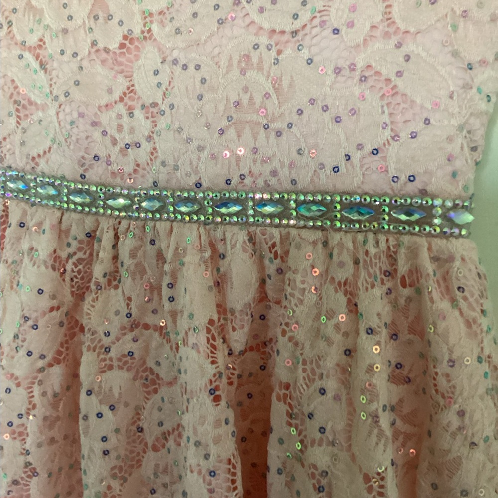๐ Girls formal dress Sz 7 pink lace fancy sequins wedding black tie flower girl - Picture 6 of 10